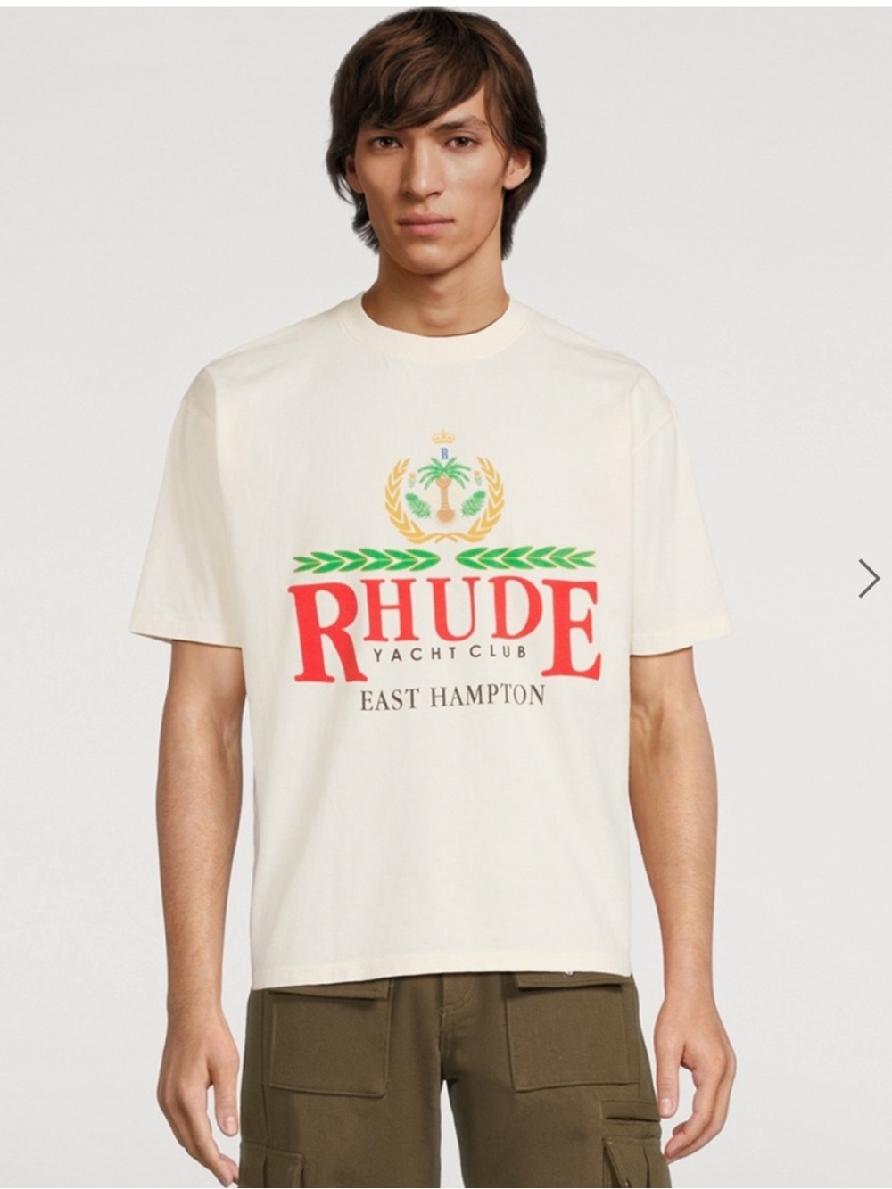 Rhude Cream Logo Crewneck Tee with Red & Green Graphics